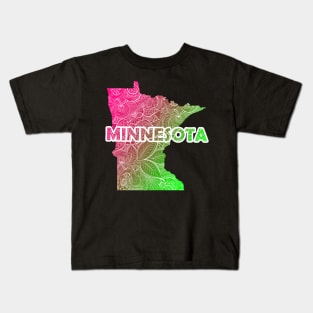 Colorful mandala art map of Minnesota with text in pink and green Kids T-Shirt